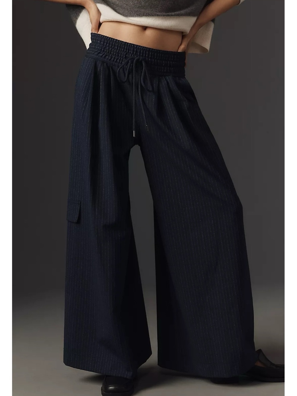 Anthropologie Maeve Wide Leg Menswear Pants Navy Pinstripe